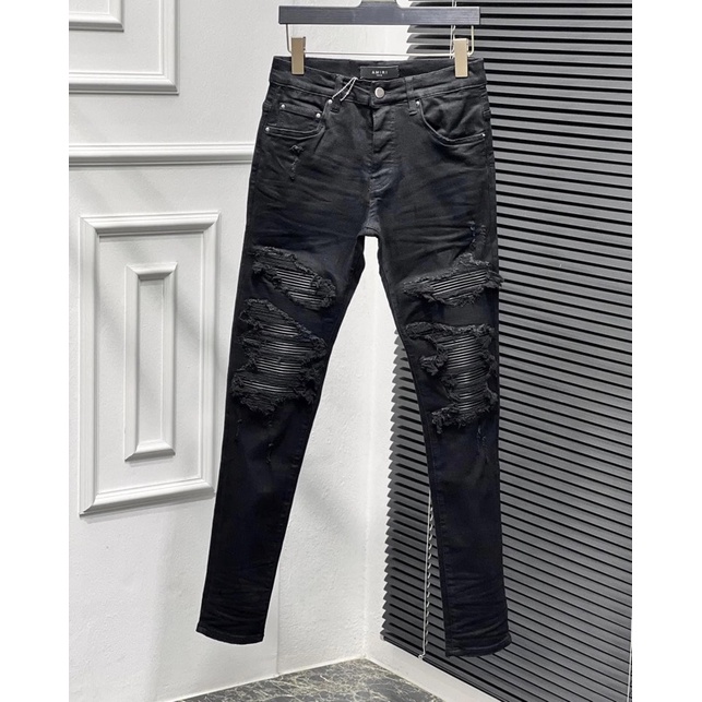 Quần jean skinny Amiri nam đen rách xù viền vá da nhăn đen đùi gối ống xếp sóng cúc cài likeauth