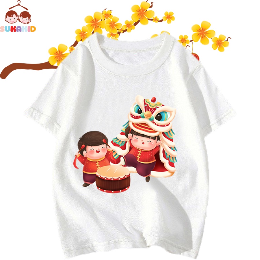 Áo thun trẻ em tết 2 bé múa lân trống cho bé từ 6kg-30kg.AT10.