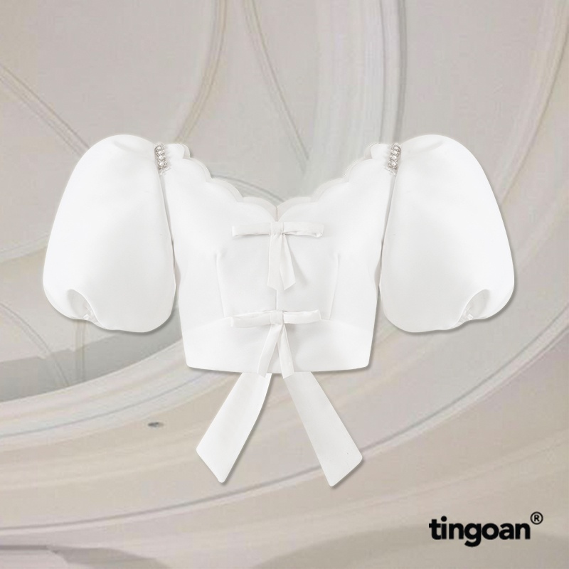 TINGOAN® - Áo croptop tafta thiết kế điệu tay bồng nơ lưng trắng LOVE LINER TOP/WH