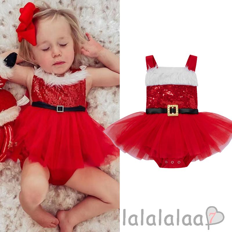 Bộ Áo Liền Quần Phối Chân Váy Lưới Vải Tuyn Đính Kim Tuyến Họa Tiết Giáng Sinh Cho Bé Gái 7-9 Tháng Tuổi