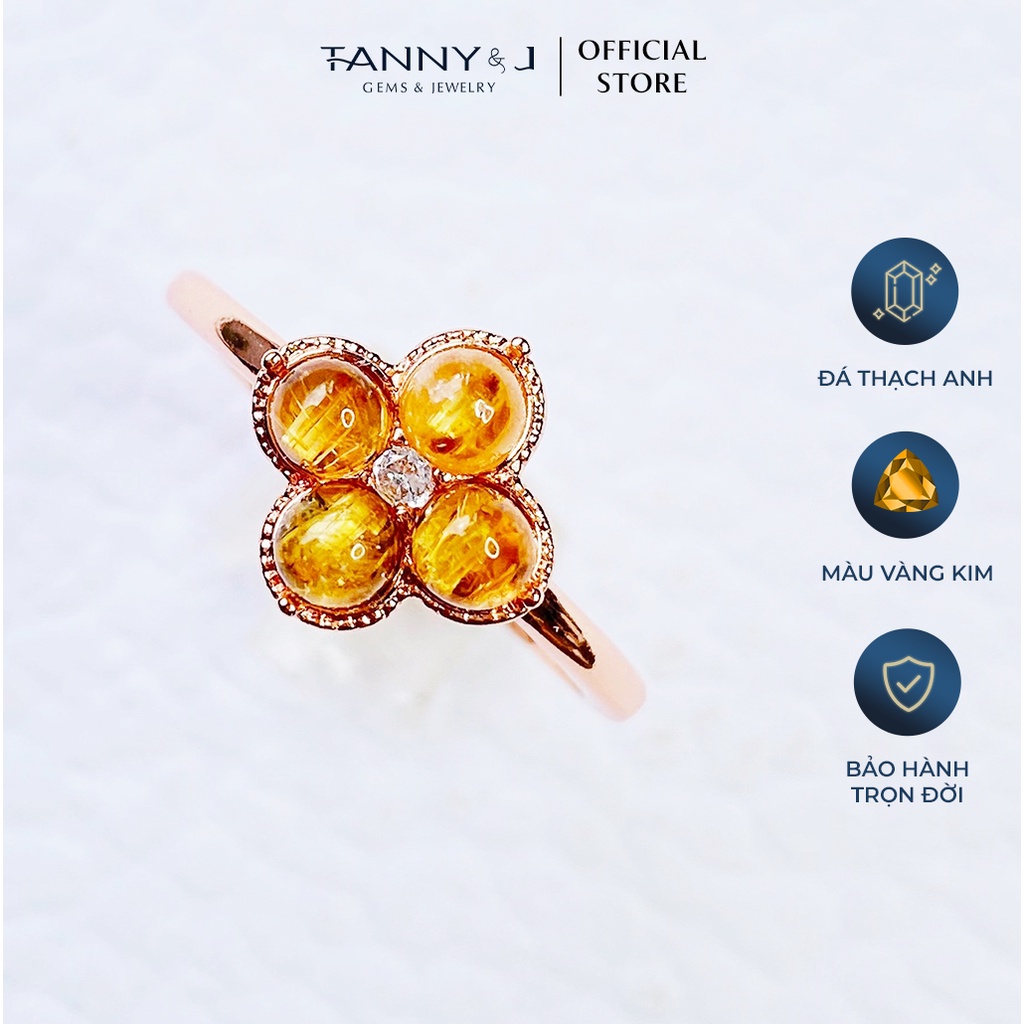 Nhẫn Thạch Anh TANNY&J Hình 4 Cánh Hoa, Màu Sắc Vàng Kim, Trang Sức Tô Điểm Bàn Tay Qúy Phái
