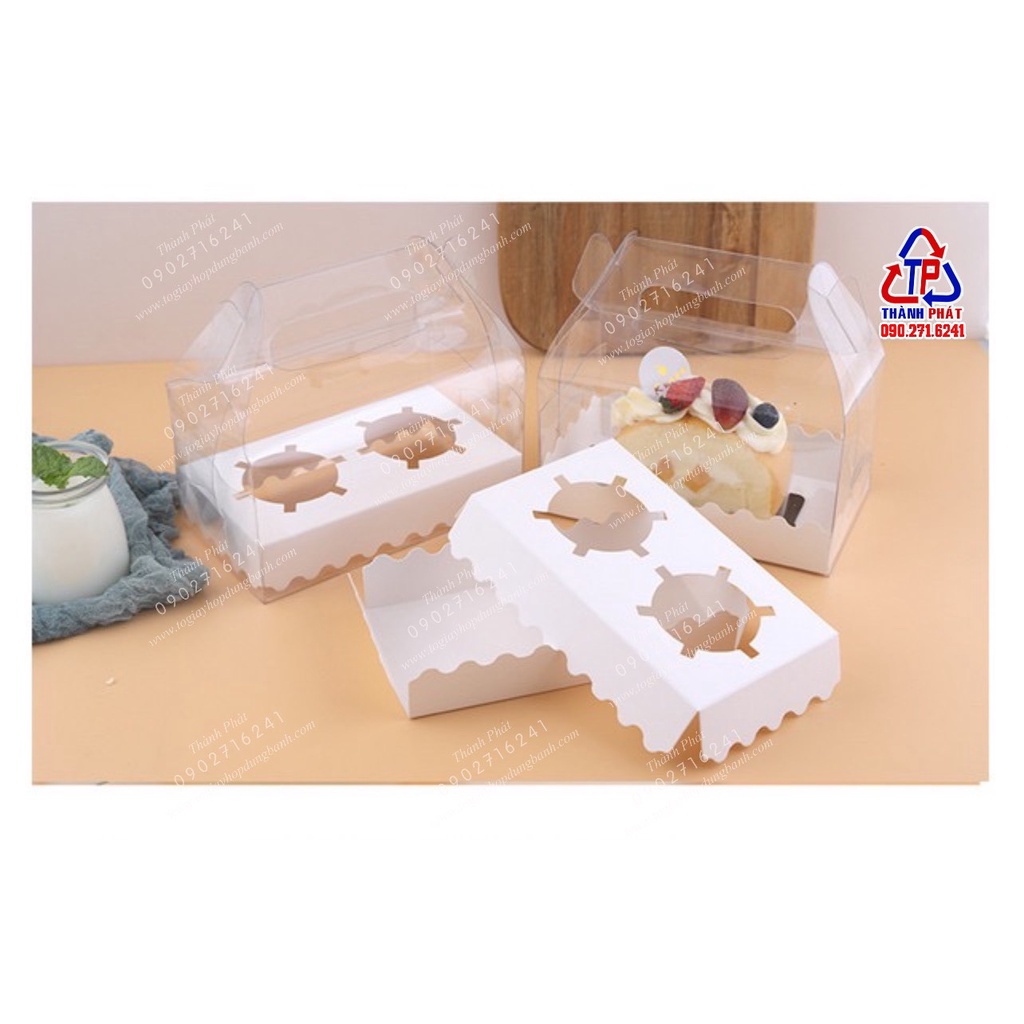 10 Hộp mica quai xách 2 cupcake - hộp quai xách đựng 2 ly bánh lạnh
