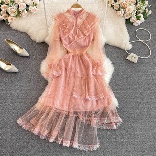 #2462 Đầm cao cấp ren hồng có lớp lót trong