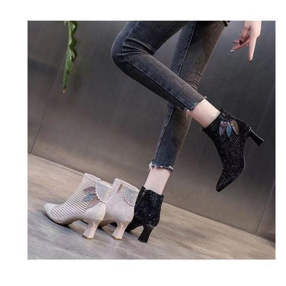 Bán Chạy#Giày Bốt Martin Mũi Nhọn Gót Dày Phối Lưới Đính Kim Cương Thời Trang Xuân Thu Kiểu Mới Cho Bạn Gái