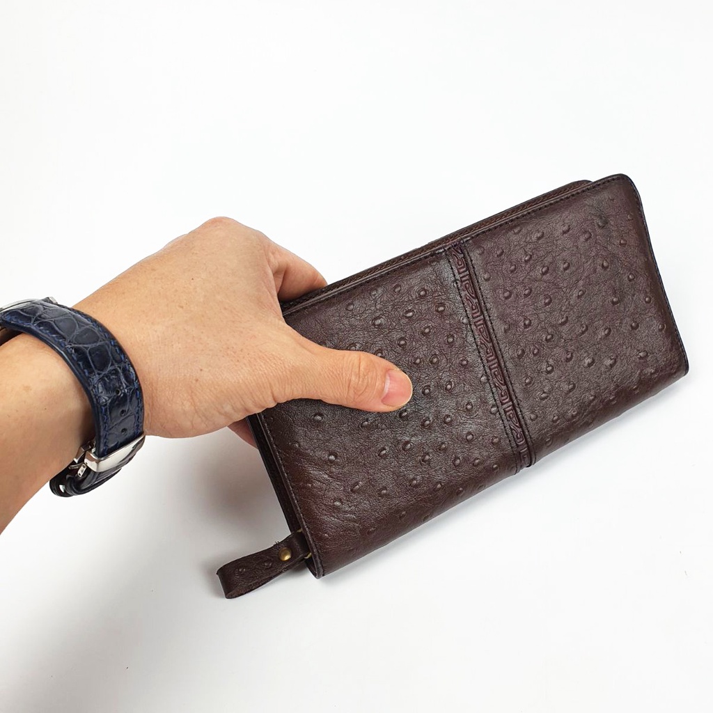 Ví cầm tay nam nữ da bò vân đà điểu WL126VB  - 100% da bò thật, BH 3 năm