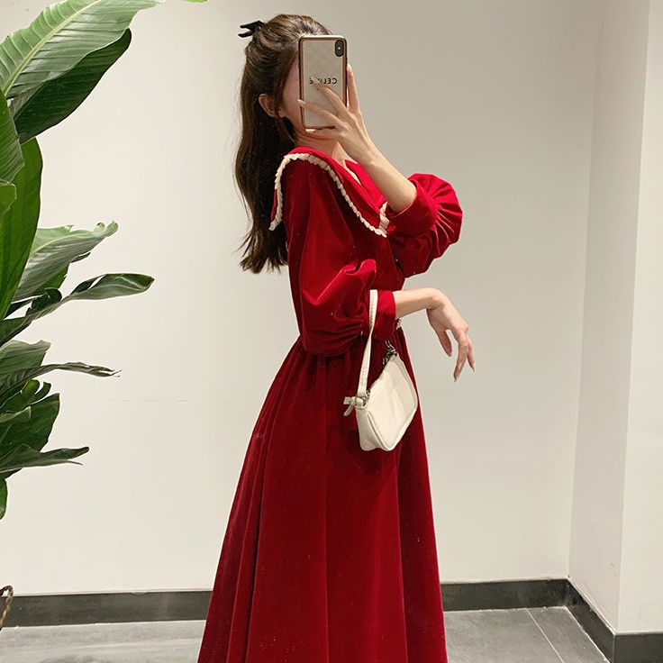 Đầm Nhung Đỏ Ôm Eo Dáng Dài Qua Gối Thời Trang Thu Đông Giáng Sinh Năm Mới