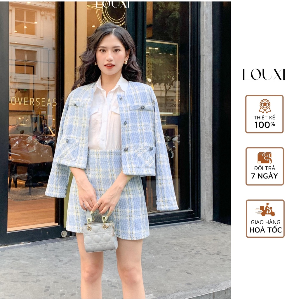 Áo Dạ Tweed kẻ xanh dáng ngắn cao cấp A0110
