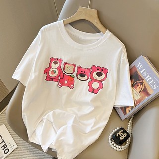 Áo thun FASHMILY tay ngắn cổ tròn in hình gấu dễ thương phong cách Hàn Quốc thời trang mùa hè cho học sinh