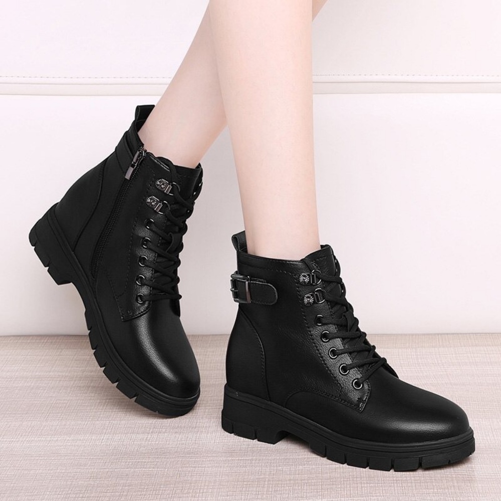 Bốt nữ cổ thấp đai khuy - Giày nữ cổ cao da PU tôn dáng đê cao su 3,6cm HQ03 - giày ofxford nữ cổ cao