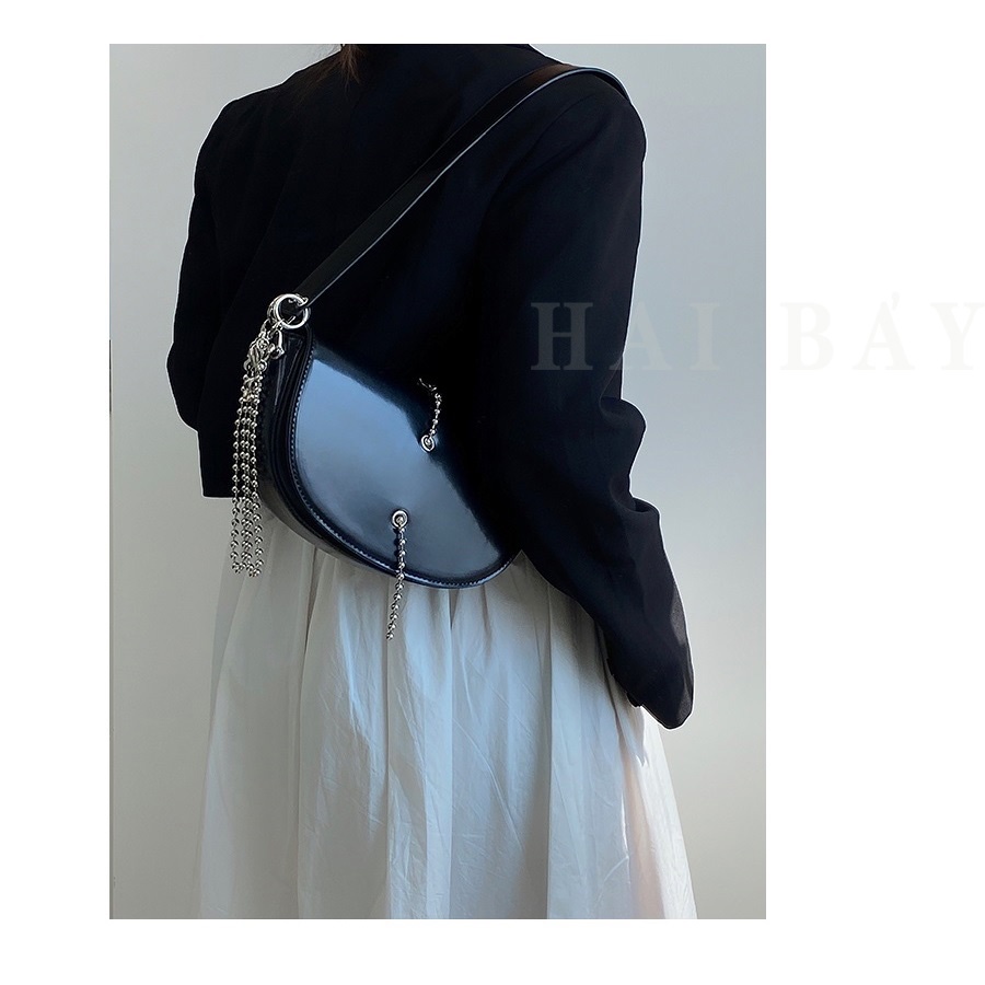Túi Xách Đeo Vai Màu Đen Phối Dây Xích Chuỗi Hạt Thời Trang Dành Cho Nữ HAI BẢY TX5