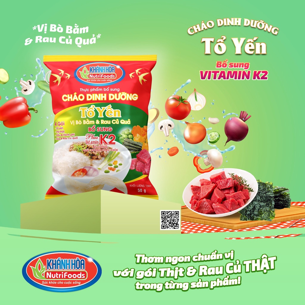 Cháo Dinh Dưỡng Tổ Yến Cao Cấp - Khánh Hòa NutriFoods Vị Bò Bằm Và Rau Củ Thùng 30 Gói
