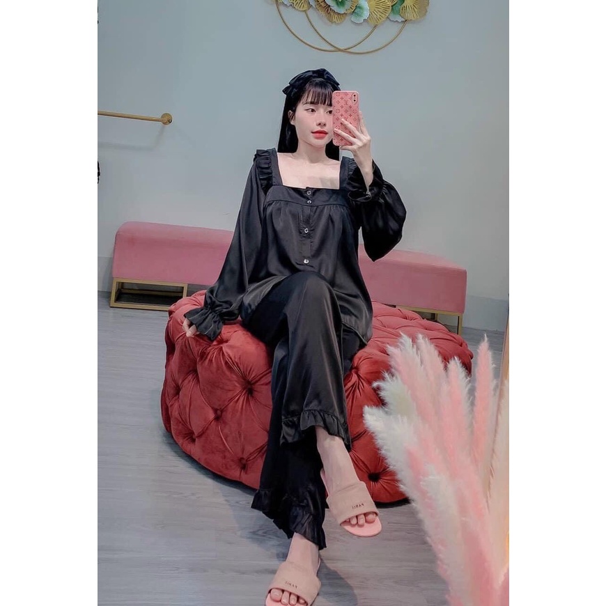 Đồ bộ nữ dài tay màu kem sữa tiểu thư cổ vuông LỤA LATIN, đồ ngủ nữ pijama, đồ ngủ tiểu thư, đồ mặc nhà nữ lụa tay dài