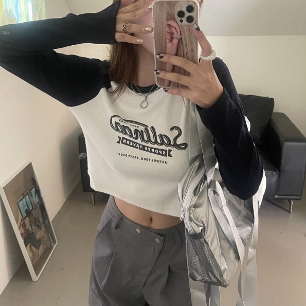 SUXI Áo Thun Nữ Dài Tay Cổ Tròn In Họa Tiết Vintage