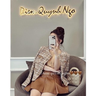 Set áo khoác dạ tiêu nâu chace cao cấp mix chân váy da