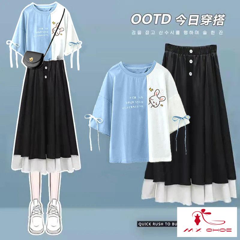 Set Áo Thun Tay Ngắn Dáng Rộng Thêu Họa Tiết + Chân Váy Thời Trang 2022 Cho Nữ