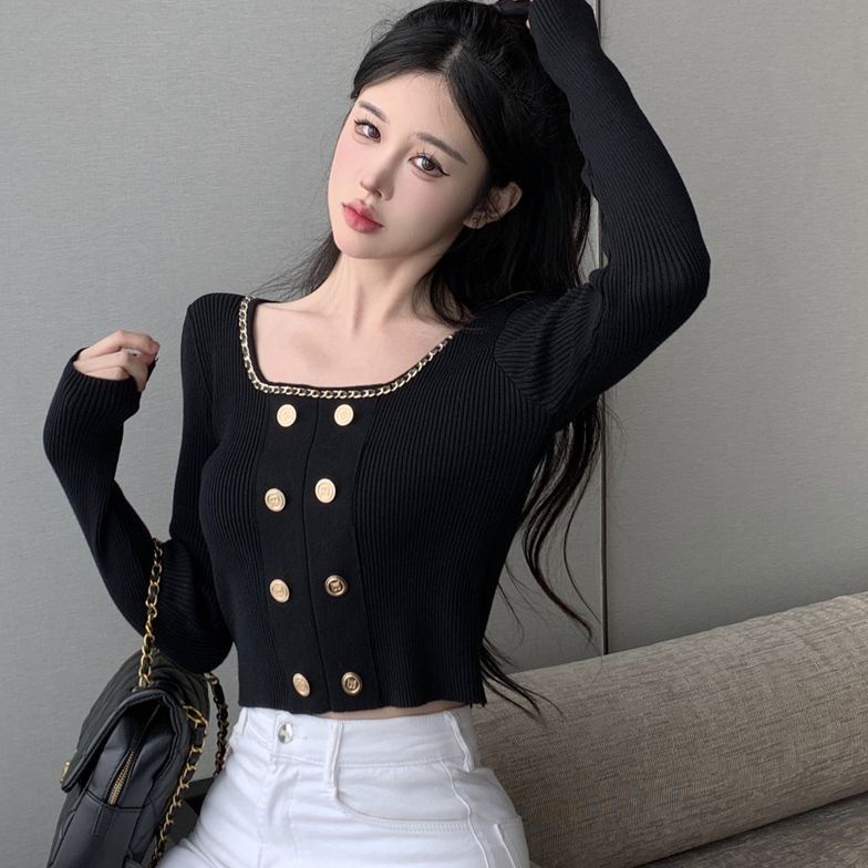 COZOK Áo Dệt Kim Tay Dài Cổ Vuông Dáng Ôm Quyến Rũ Thời Trang Cho Nữ