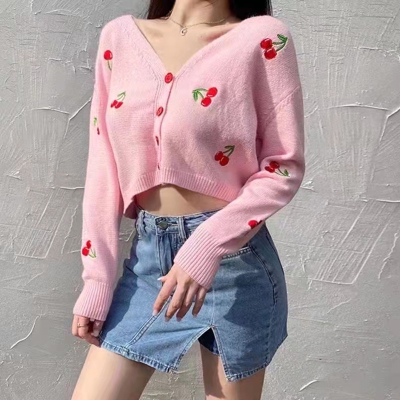 Áo Khoác Cardigan Dệt Kim Dáng Ngắn Tay Dài Màu Hồng Cherry Dễ Thương Thời Trang 2021 Cho Bạn Gái