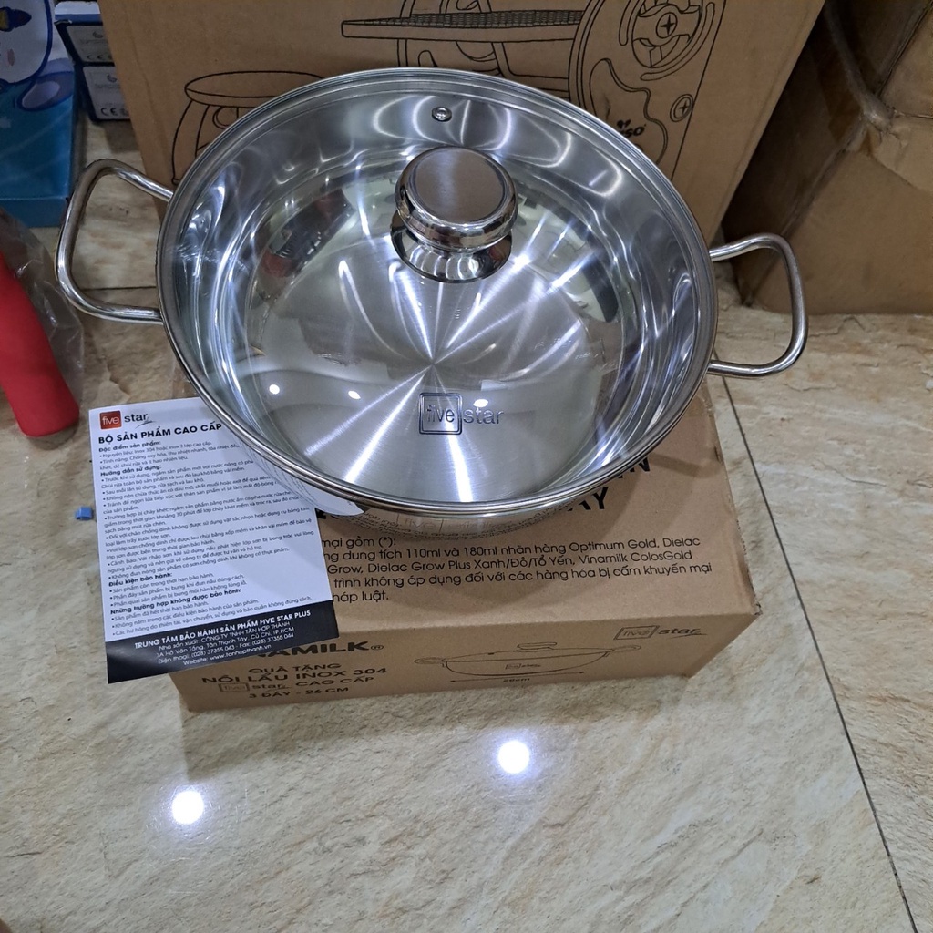 Nồi lẩu inox 304 Fivestar 3 đáy nắp kính cao cấp size 26cm dùng cho bếp từ, bếp gas, bếp hồng ngoại DrbStore