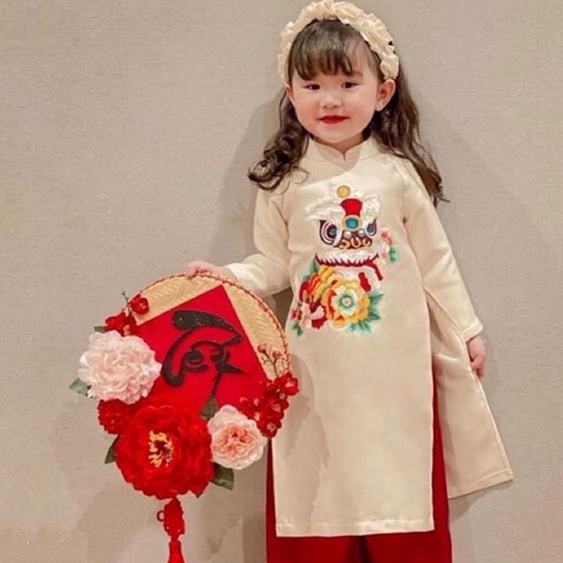 Áo Dài cách tân thêu Kỳ Lân cho bé GÁI, chất liệu nhung chéo cao cấp, áo dài tết đủ size 2 3 4 5 67 8 9
