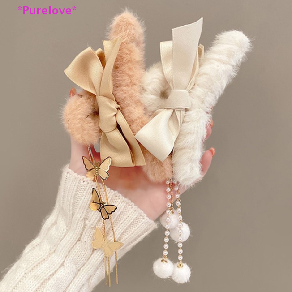 Kẹp Tóc Càng Cua Đính Nơ Tua Rua Phối Lông Dày Dặn Dễ Thương Thời Trang Mùa Đông Mới