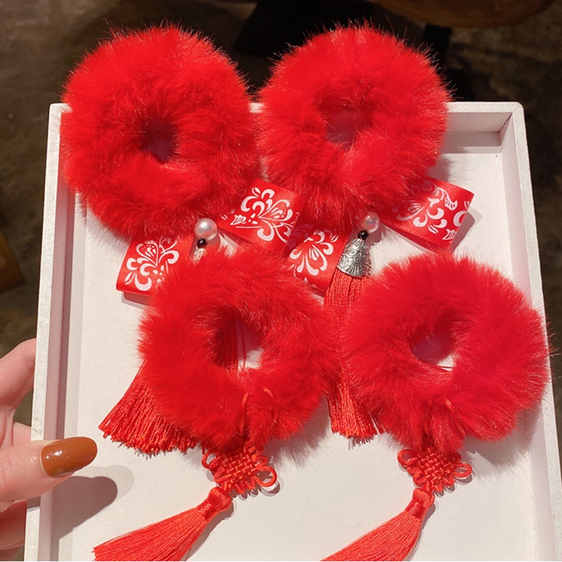 1 Cặp Dây Buộc Tóc Phủ Lông Màu Đỏ Phong Cách Trung Hoa Thời Trang Cho Nữ