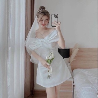 Đầm xoè trắng trễ vai kèm lúp cho cô dâu chụp ảnh DC03
