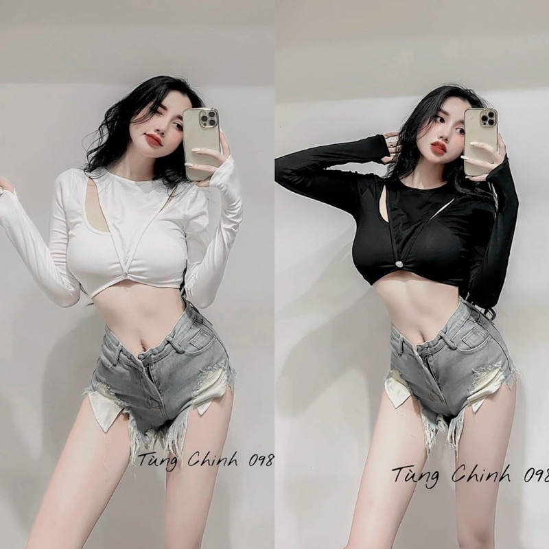 Áo thun croptop trơn croptop rách ngực tay dài alohashop91