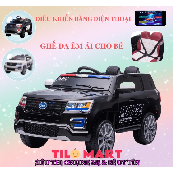 Xe ô tô điện cảnh sát trẻ em, xe oto điện cho bé TILO KIDS TLK-8989 có ghế da, bluetooth, điều khiển bằng điện thoại
