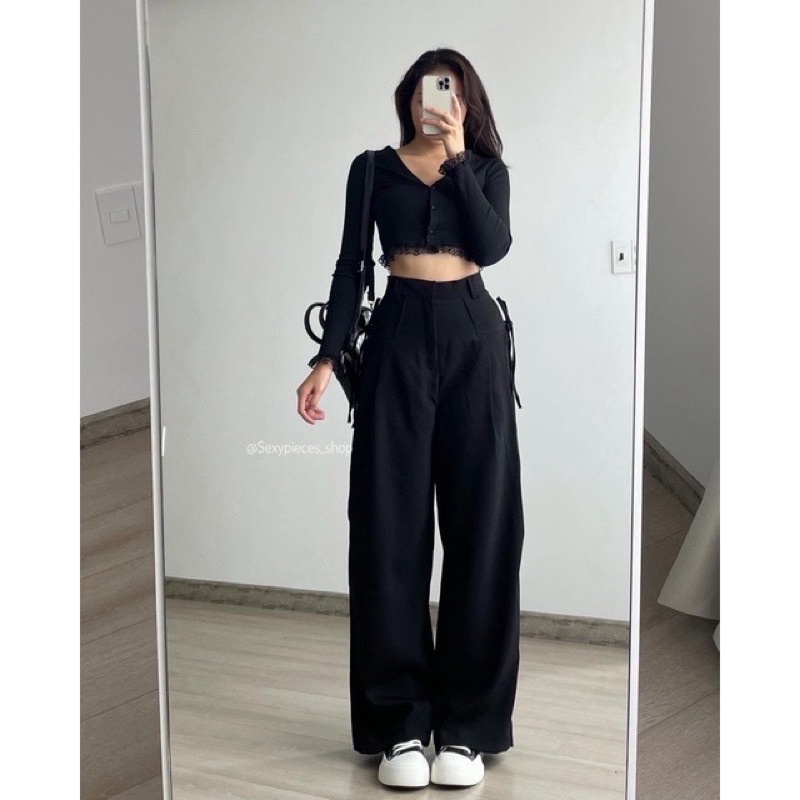 Quần Dài Ống Rộng Nữ dây rút túi KAKAO màu ĐEN/XÁM vải kaki lụa mềm Lưng Thun Phong Cách Ulzang - July7storee
