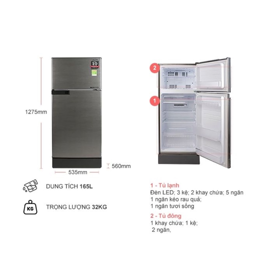 Tủ lạnh nhỏ mini Sharp 165 lít SJ-X176E-SL - Hàng chính hãng - Chỉ giao tại HN