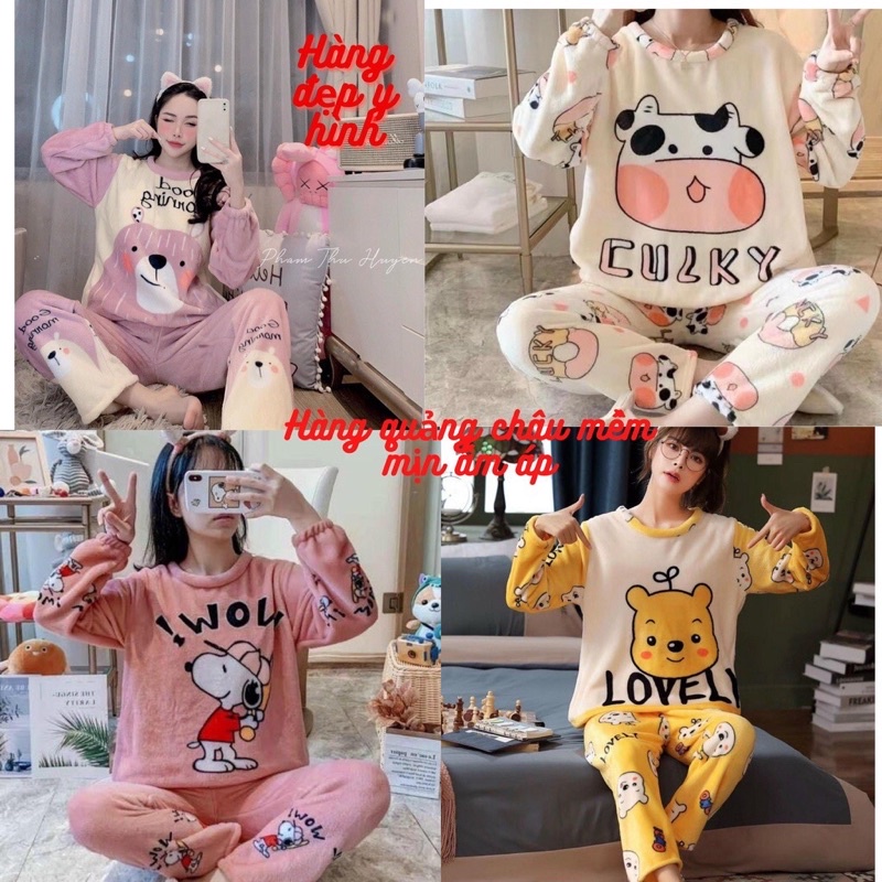 Bộ Đồ Ngủ Nữ - Quần Áo Mặc Ở Nhà Dài Tay chất vải nỉ bông lông 100% hàng quảng châu, Mềm Mịn, Siêu Nhẹ, ,ấm áp