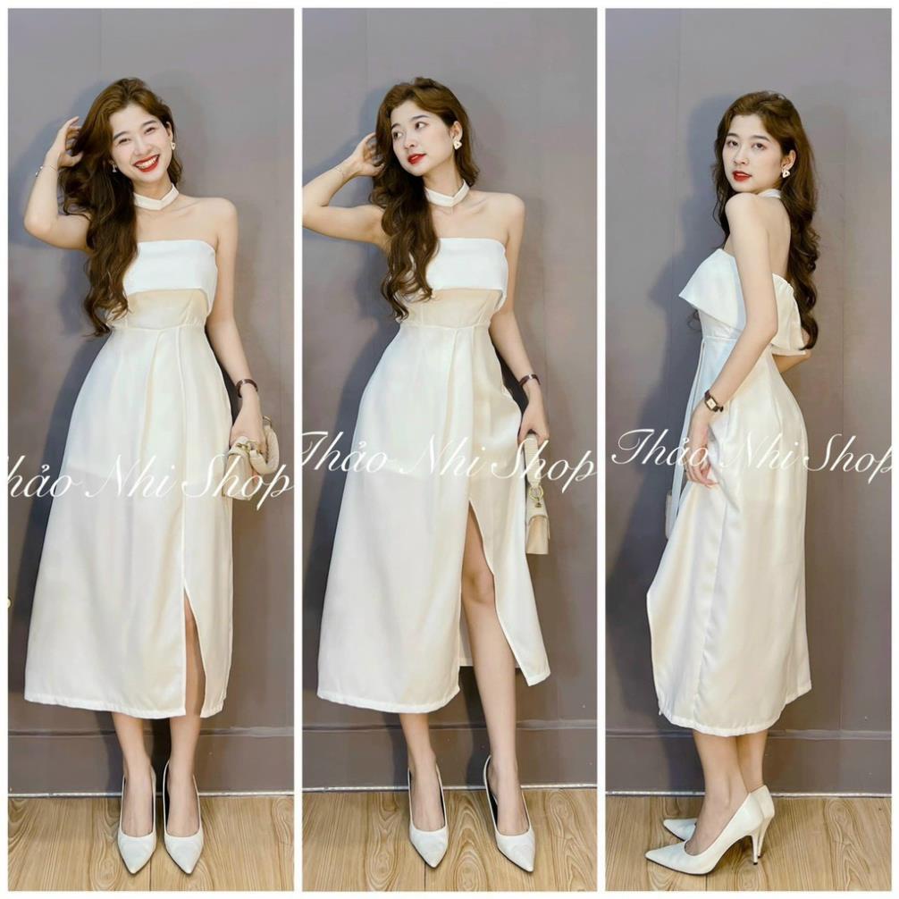 Đầm midi ống trắng xẻ đùi kèm chocker cổ dự tiệc cưới cô dâu mẫu thảo nhi shop