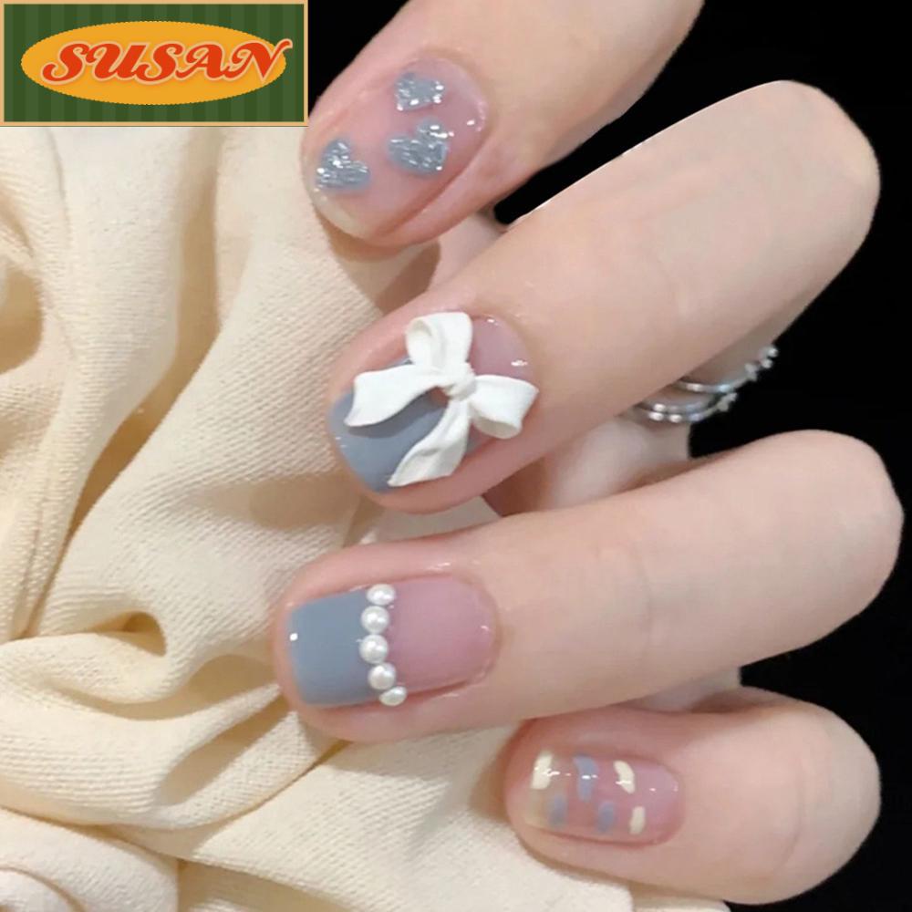 [Hàng mới về] Set 24 móng tay giả ngắn đầu vuông/ tròn thời trang có thể tháo rời tiện dụng