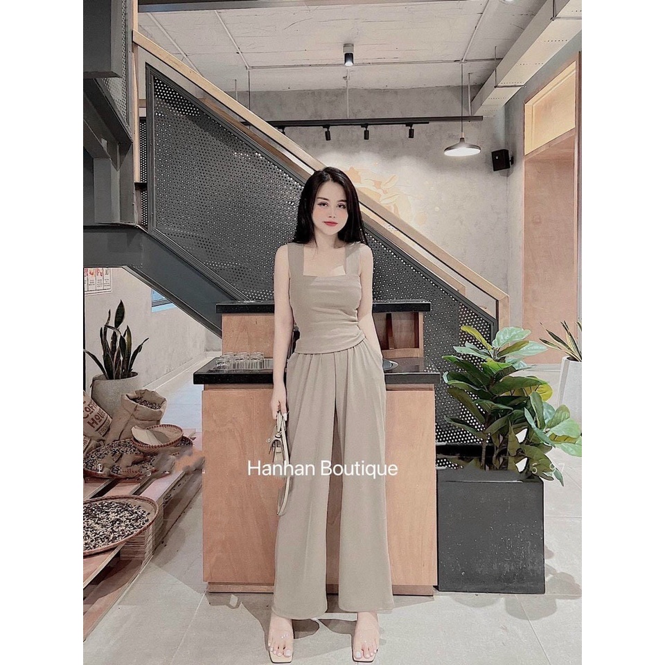 Set bộ thun trơn nữ quần dài, set áo 2 dây cổ vuông quần ống suông basic đơn giản chất thun gân
