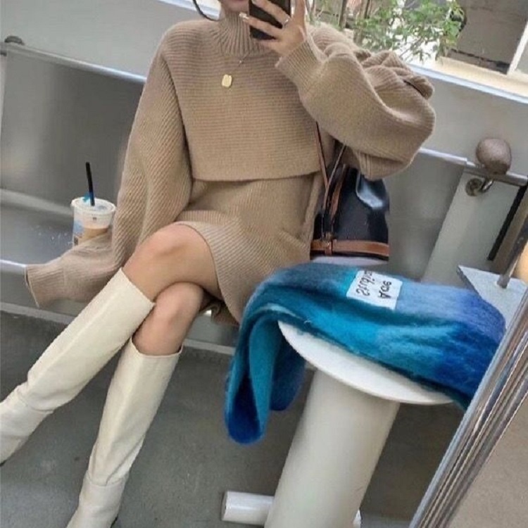 Set 2 món SUXI áo dệt kim cổ cao tay phồng kèm chân váy thời trang thu đông cho nữ