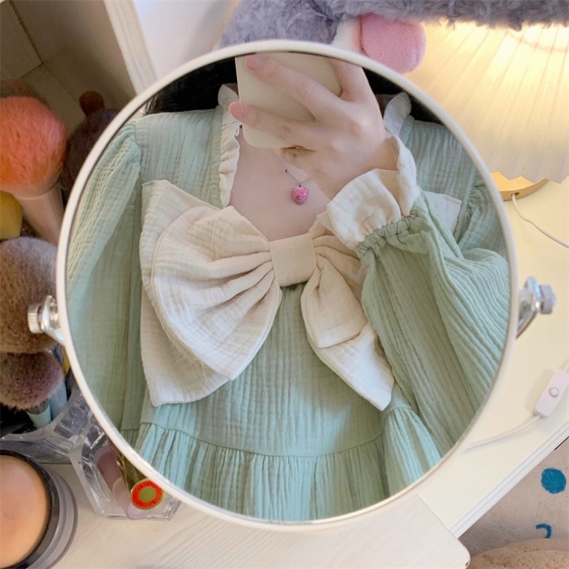 Đồ Ngủ Style Hàn Quốc Tiểu Thư XÔ MUSLIN Nơ Ulzzang