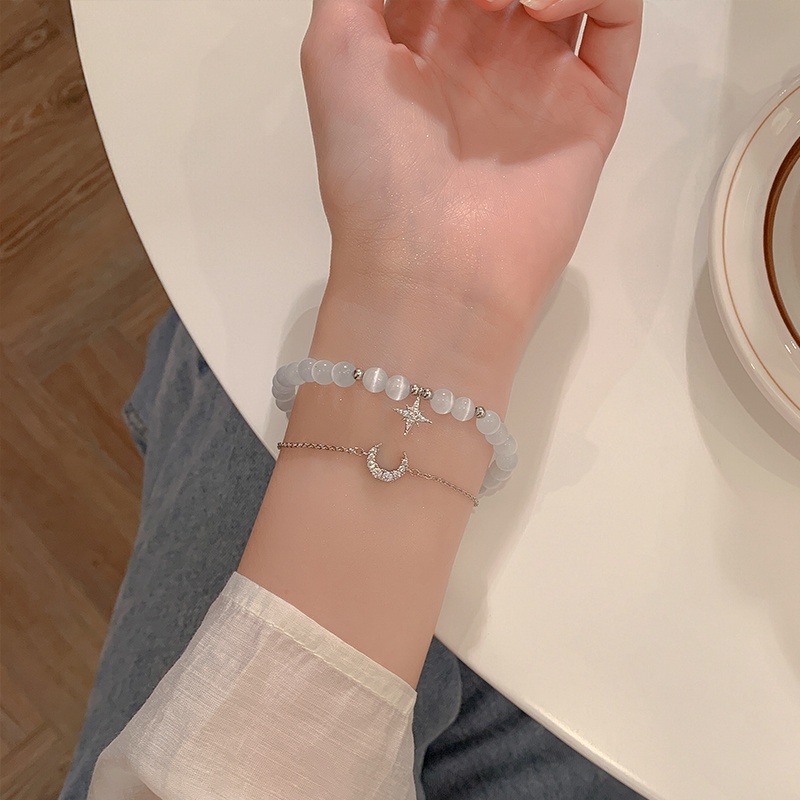 Set 2 vòng đeo tay DODDER chuỗi hạt đá mắt mèo nhân tạo mặt ngôi sao và mặt trăng thời trang dành cho nữ
