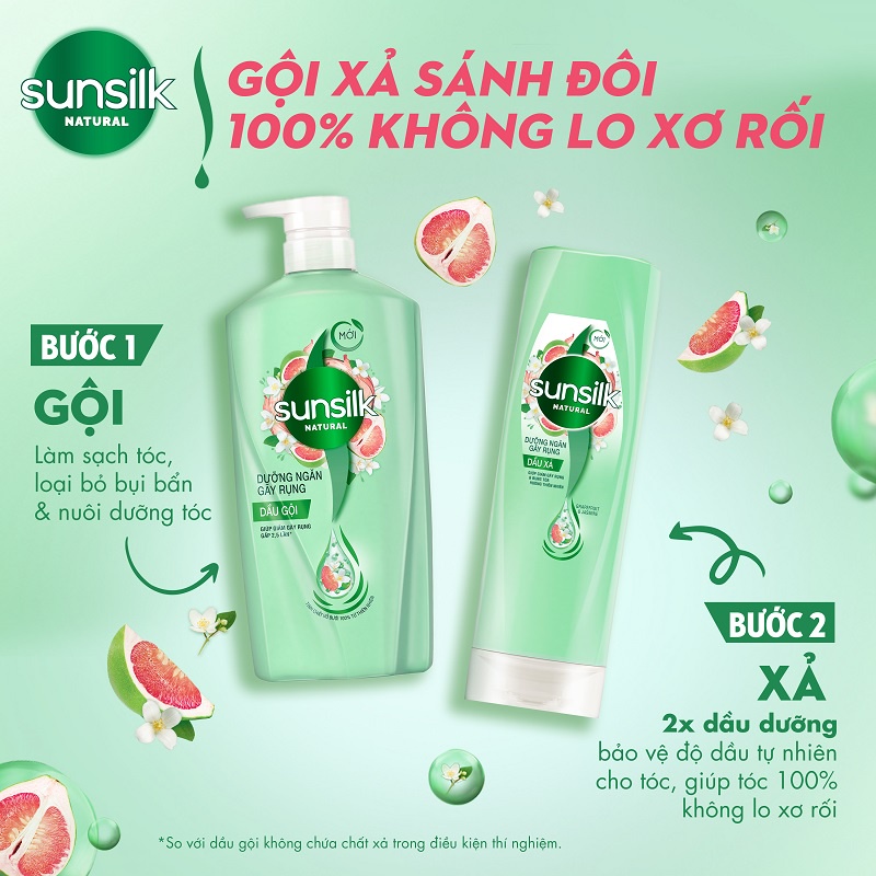 Dầu gội Sunsilk Natural 650g thành phần 100% thiên nhiên cho mái tóc tỏa hương sống động 48h và giảm gãy rụng gấp 2,5lần