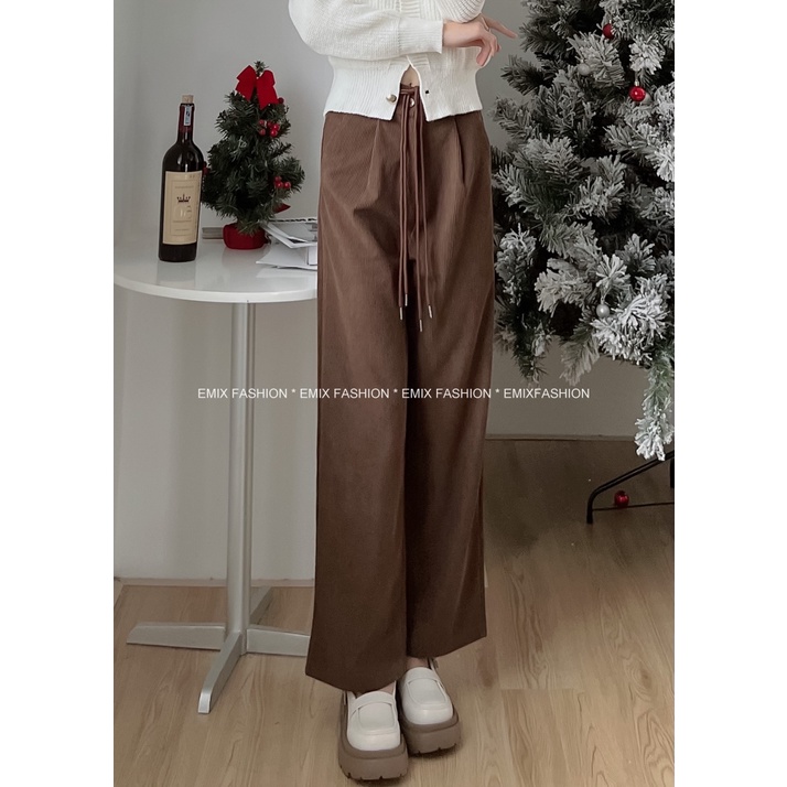 Quần nhung suông kèm dây EMIX, cạp cao, chun sau, ống suông dài 857