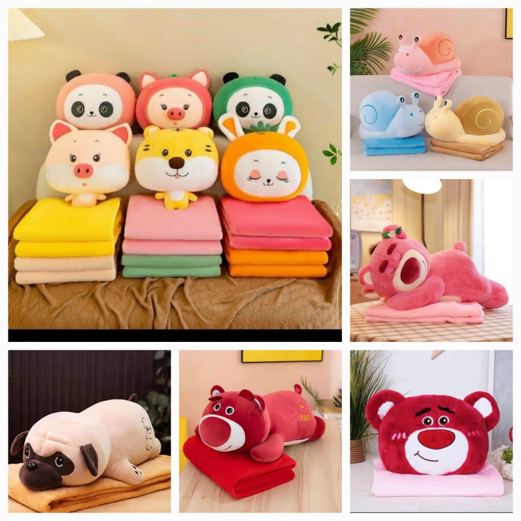 Bộ chăn gối văn phòng đa năng hình thú dễ thương, chăn gối gấu bông hình thú dài, chăn gói thú 2 trong 1 cho bé
