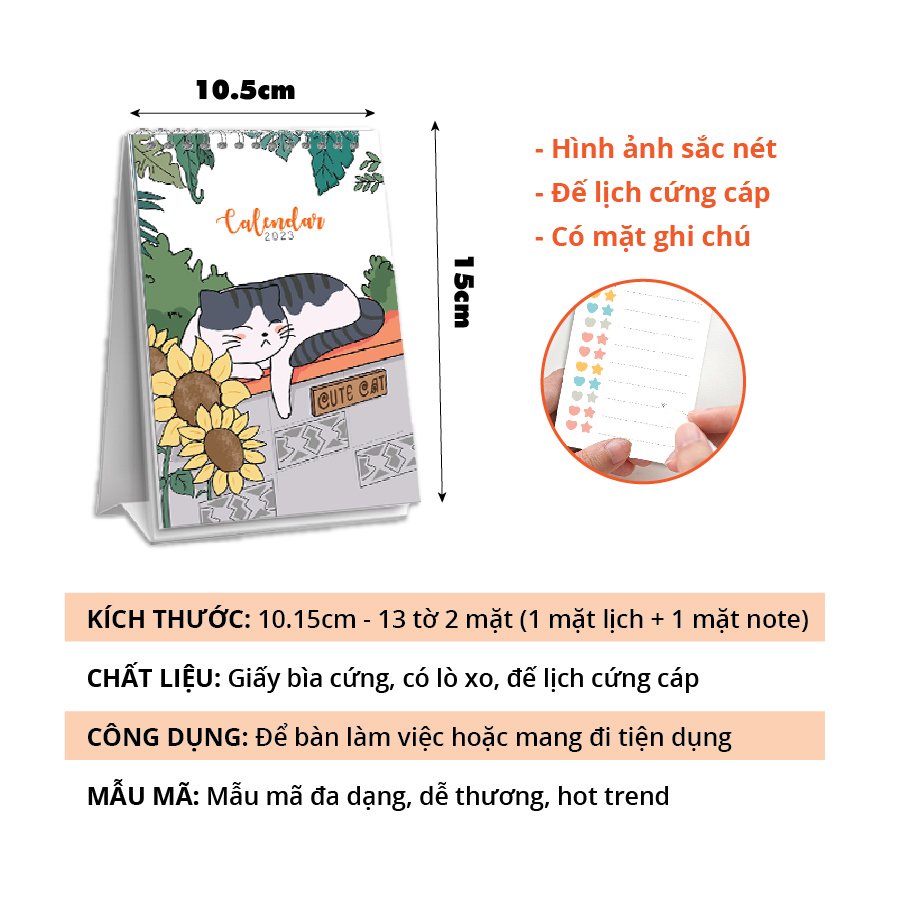 Lịch để bàn 2023 mini dễ thương ghi chú to do list trang trí bàn học decor văn phòng có ngày âm Lịch việt tặng sticker