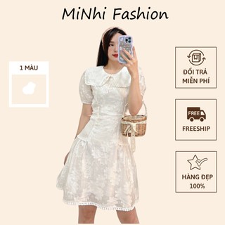 Đầm trắng ren dự tiệc, Váy trắng ren hoa dự tiệc Cao Cấp dáng xòe cổ bâu tay ngắn nữ tính - MiNhi Fashion