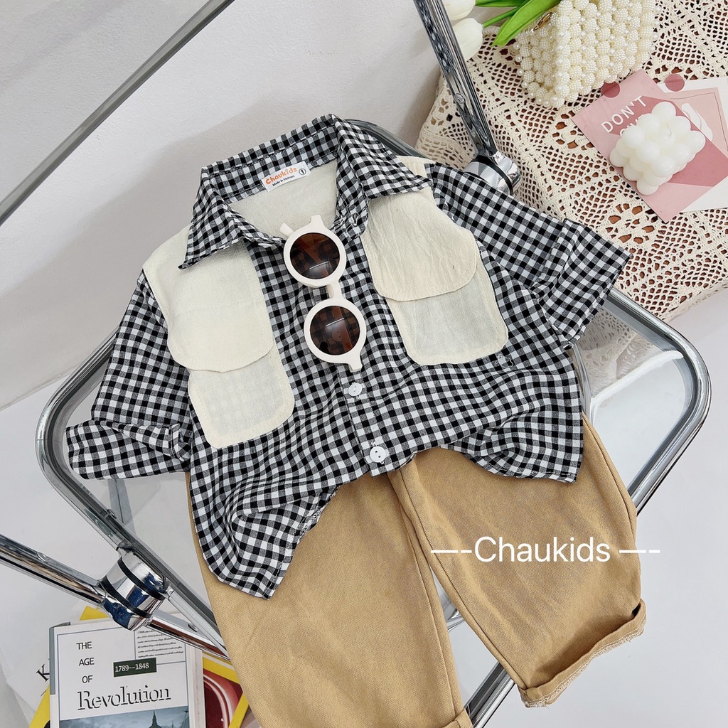 Set bộ quần áo Hàn quốc áo sơ mi caro thô đũi quần kaki bé trai
