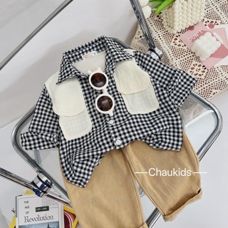 SALE💲Set bộ quần áo Hàn quốc áo sơ mi caro thô đũi quần kaki bé trai