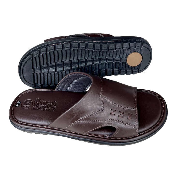 Dép da nam bigsize đế cao 3cm Trường Hải da bò  màu nâu DNN125