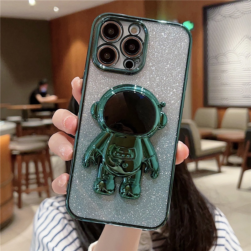 Ốp Điện Thoại Silicon Chống Sốc Hình Phi Hành Gia Lấp Lánh Sang Trọng Có Giá Đỡ Cho iphone 11 12 13 14 Pro Max XS X XR