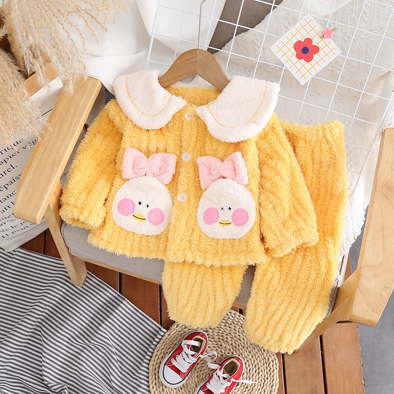Bộ Đồ Ngủ Tay Dài + Quần Dài Vải Flannel Lót Lông Cừu Dễ Thương Kiểu Hàn Quốc Thời Trang Mùa Đông 2022 80-120cm Cho Bé Gái