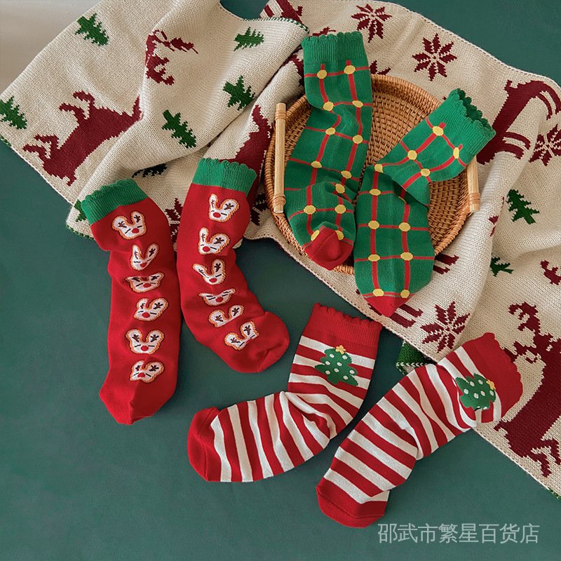 Vớ Cotton Cổ Cao Họa Tiết Kẻ Sọc / Tuần Lộc Giáng Sinh Thời Trang Thu Đông 2022 Dành Cho Bé Gái 1337