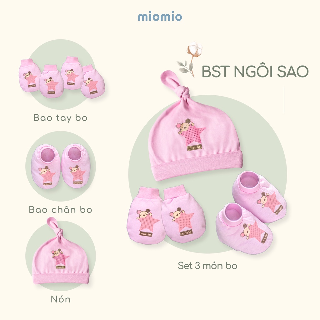 Bao Tay, Chân Bo, Nón, Set 3 Món Bo Sơ Sinh MIOMIO, Họa tiết: Gấu Mây, Teddy, Ngôi Sao, Gà, Hươu, Nai cho Bé, Vải Cotton