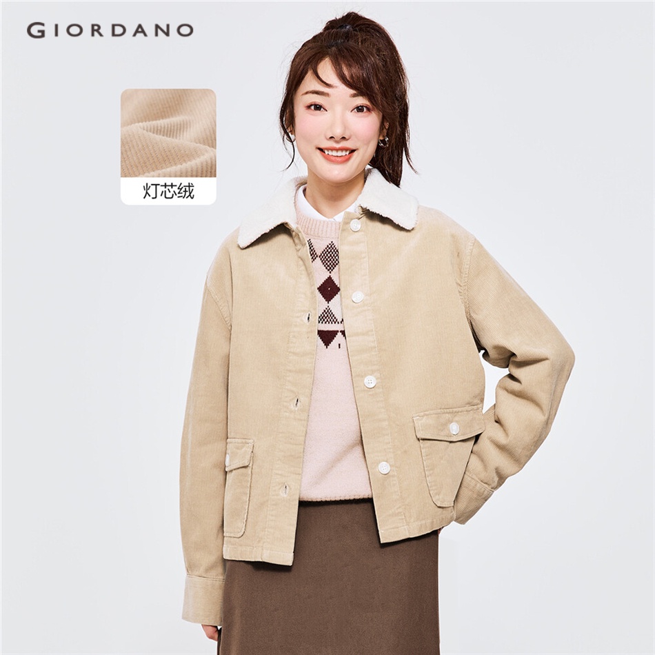Áo khoác GIORDANO 13372681 vải nhung tăm cotton cổ lông cừu thời trang cho nữ